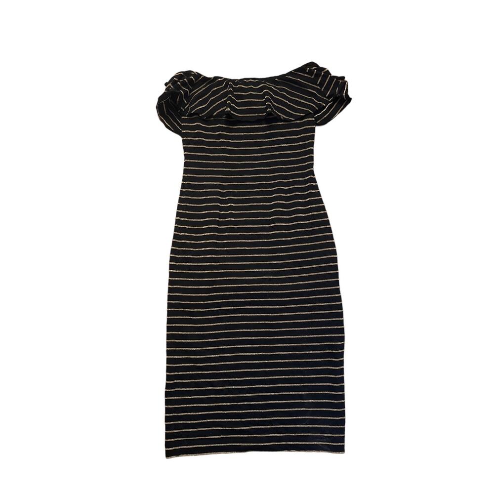 6 & Other Stories Black Gold Stripe Frill Dress Off Shoulder Short Slv Bodycon